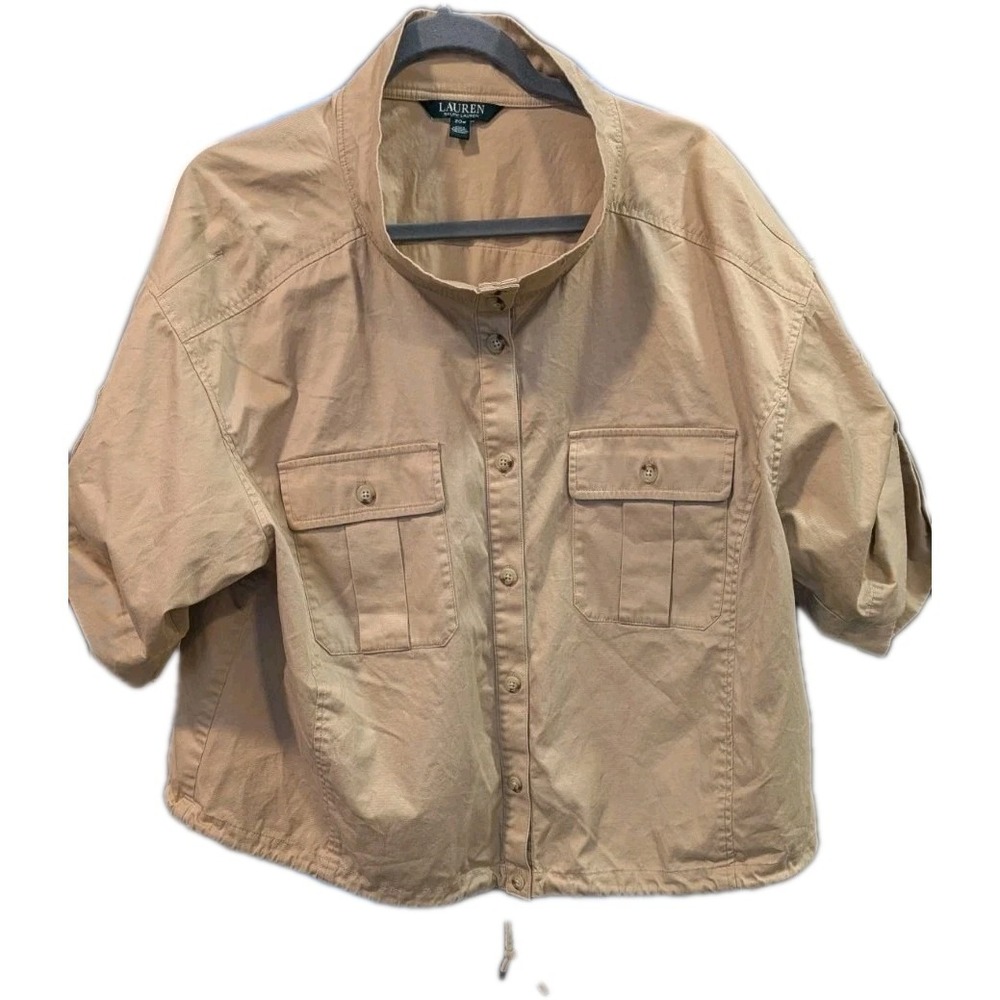 Lauren Ralph Lauren Womens 20W Utility Camp Shirt Khaki Funnel Neck Equestrian